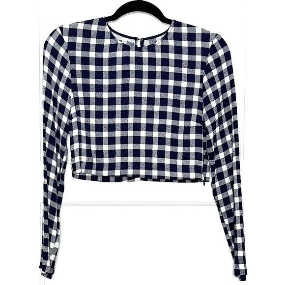REFORMATION Gingham Plaid Check Crewneck Long Sleeve Back Keyhole Crop Top XS - Picture 3 of 6